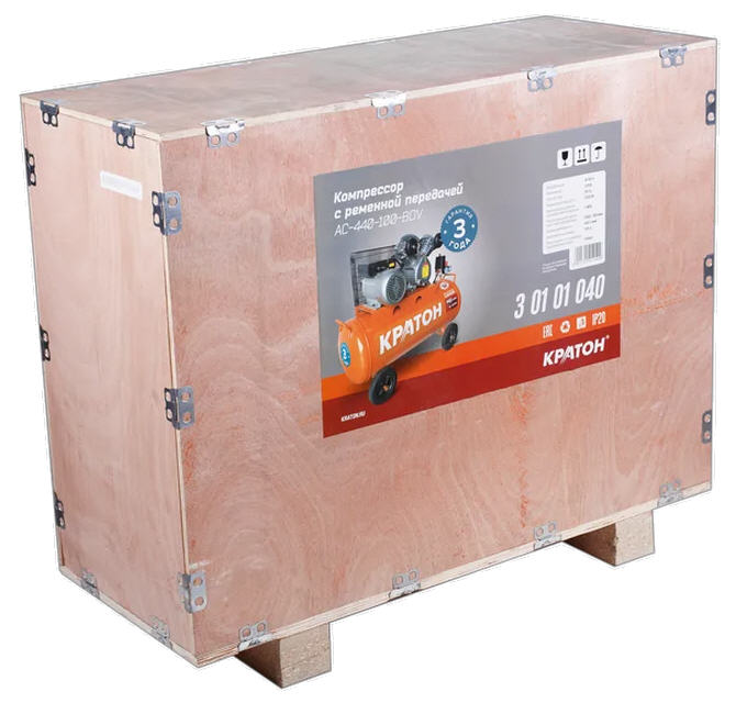 Компрессор ременной Кратон AC-440-100-BDV, 2,2 кВт, 100 л., 220В, 2 поршня