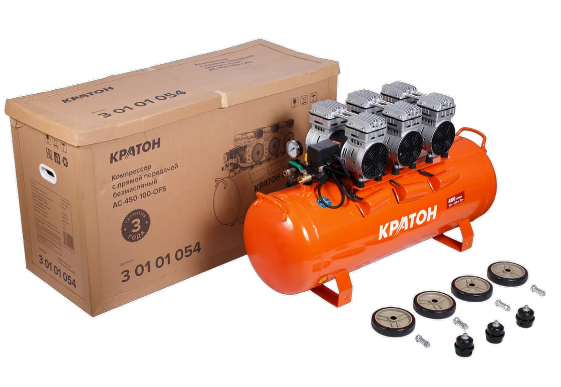 Компрессор безмасляный Кратон AC-450-100-OFS, 2250 Вт, 8 бар, 220В, 6 поршней